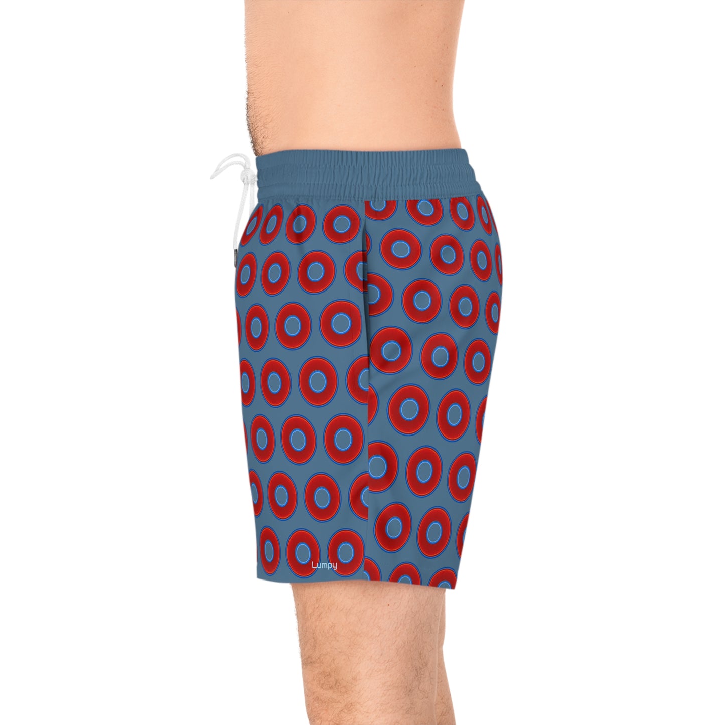 Men's Lumpy Swim Trunks - vivid red donut print w/steel blue background