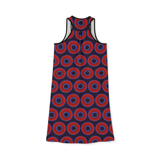 Tela's Lumpy Racerback Donut Dress - red vivid donut print w/midnight purple background