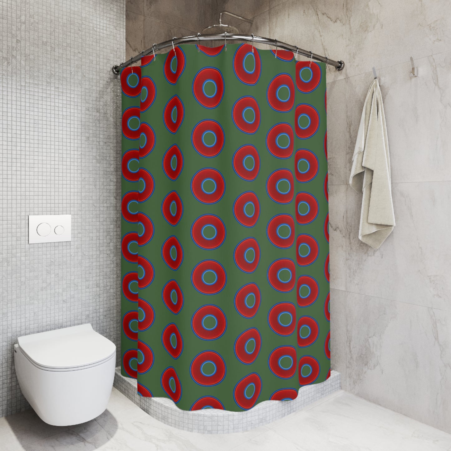 The Curtain With "Donuts" - Lumpy Bath Time Fun - vivid red donuts w/dark green background