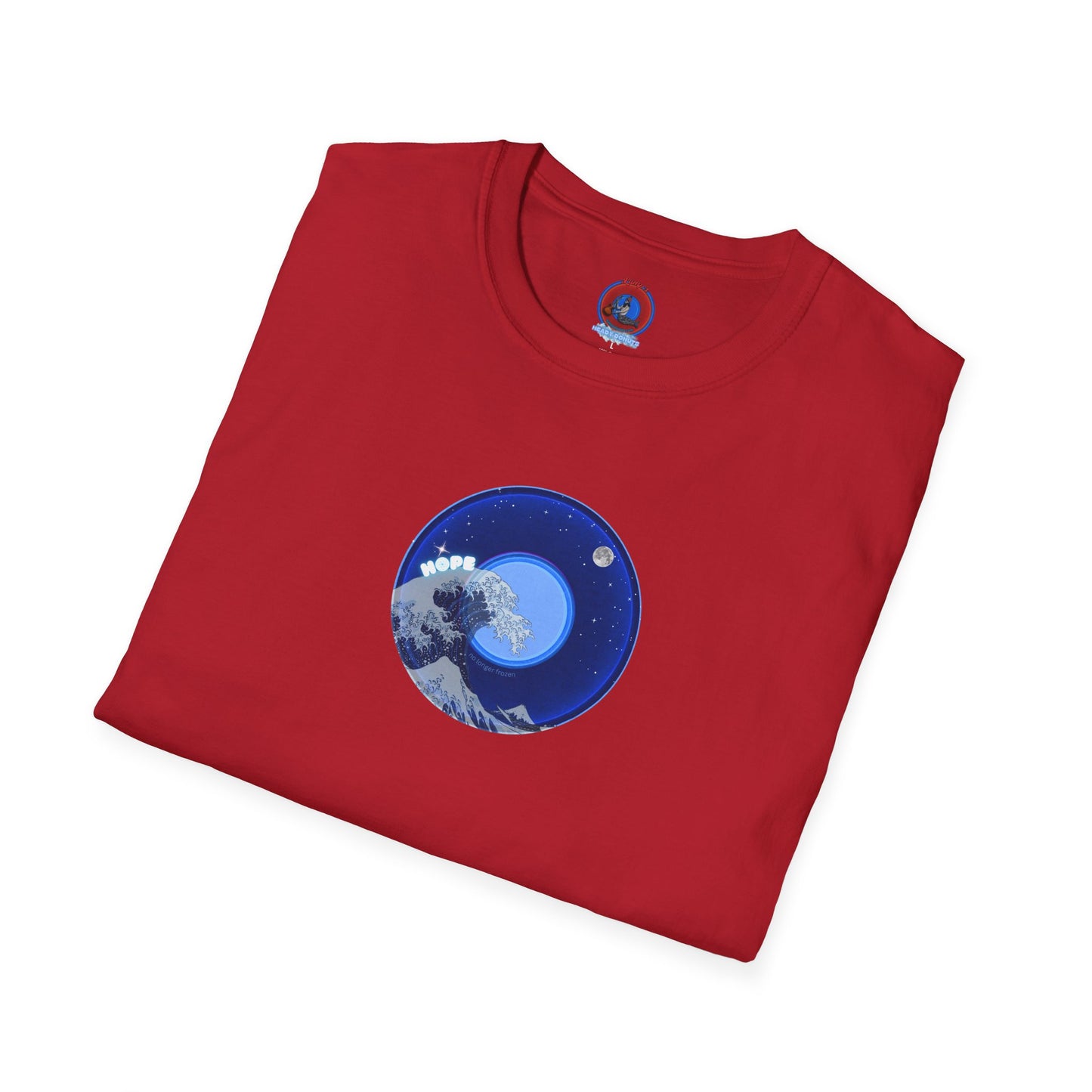 Classic Donut Tee - Unisex Soft-Style - "The Hopeful Waving Donut" - variant 2 - vivid blue donut