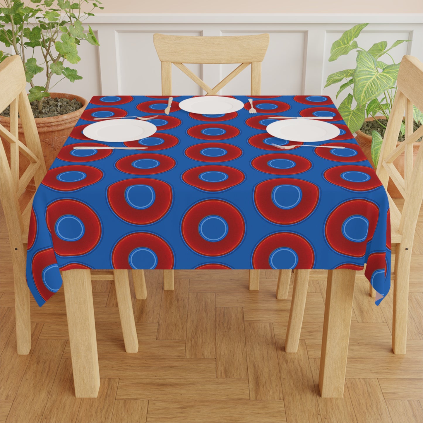 Lumpy Tablecloth - 55.1" x 55.1" - vivid red donuts w/dark royal blue background