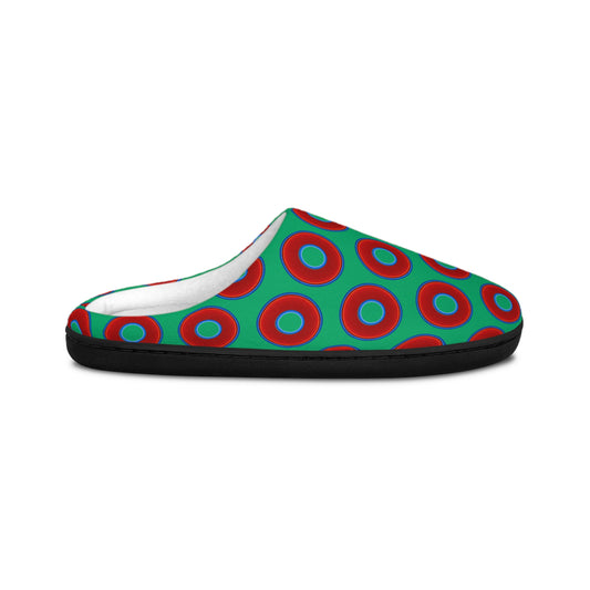 Men's Lumpy Slippers - red vivid donut print w/jade green background