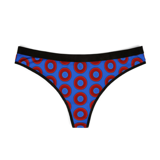 Lumpy Donut Thongs - red vivid donut print w/medium royal background
