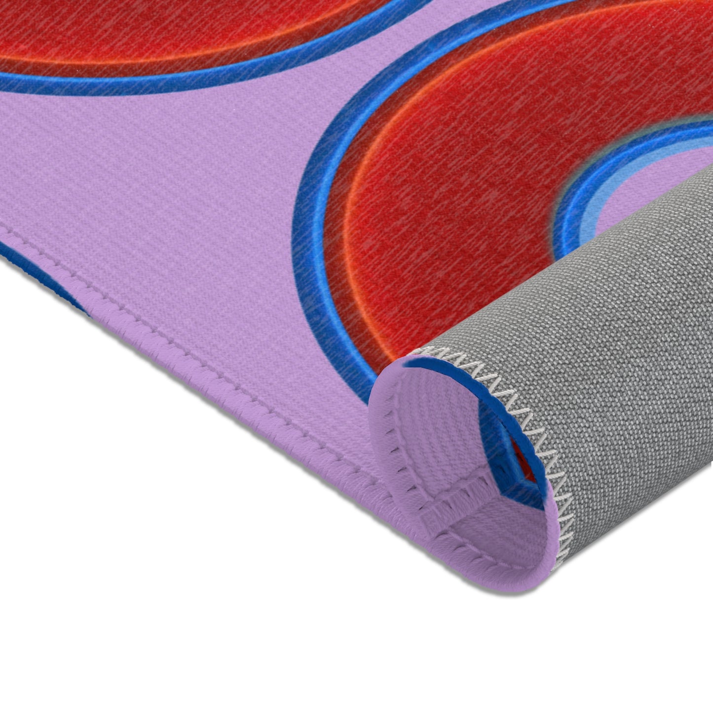 Lumpy Donut Print Rug - choice of 3 sizes - vivid red donut print w/wisteria purple background