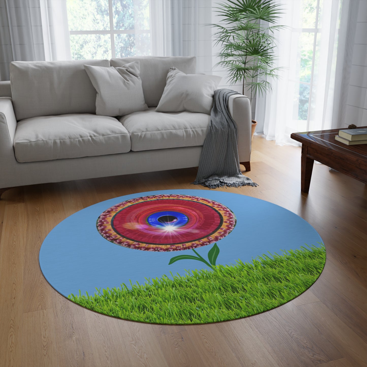 Round Room - 5 ft x 5 ft Lumpy Donut Rug - "Smell The Donuts Inside On My Rug" - red flour donut w/light blue background - variant 2