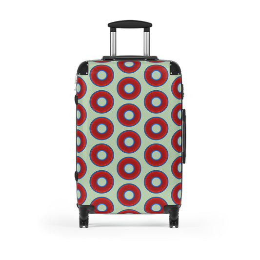 The Very Lumpy Donut Suitcase series - your choice of S, M or L - vivid red donut print w/seafoam background