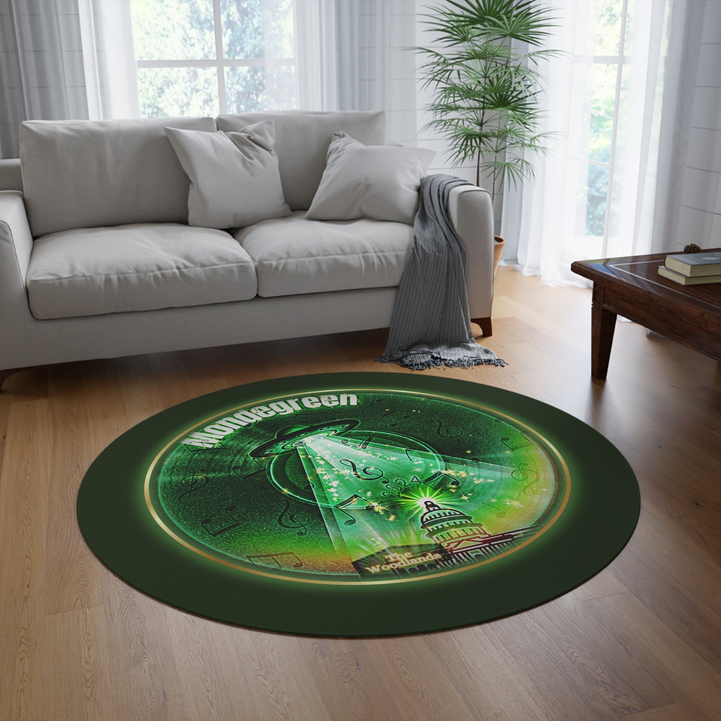 Round Room - 5 ft x 5 ft Lumpy Donut Rug - "Close Encounters of the Delaware Kind" - vivid green record donut w/deep forest green background - variant 2