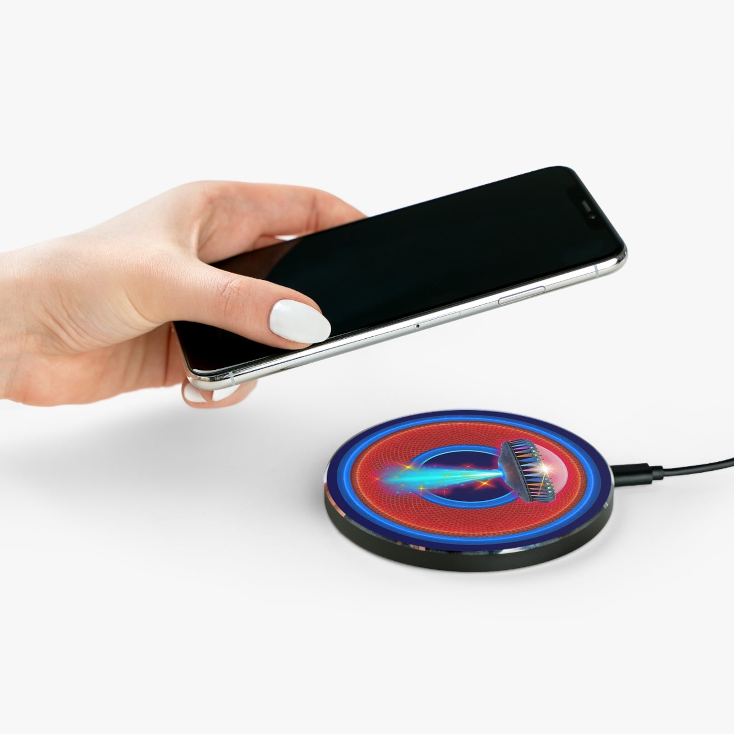 The Flow - Wireless Lumpy Donut Chargers - "They Have Wireless Charging on the Mothership Now" - rustic red/blue donut w/navy background - variant 1