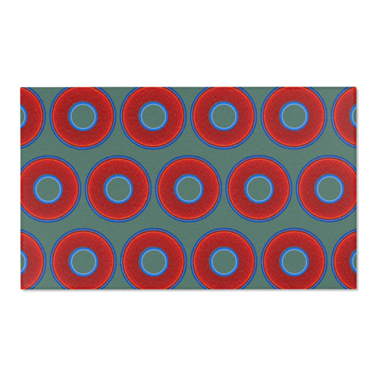 Lumpy Donut Print Rug - choice of 3 sizes - vivid red donut print w/Fenway green background