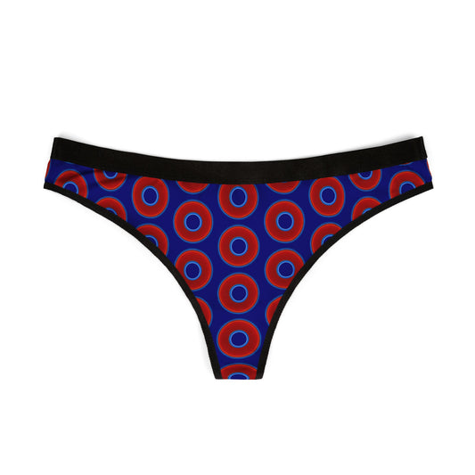 Lumpy Donut Thongs - red vivid donut print w/vivid navy blue background