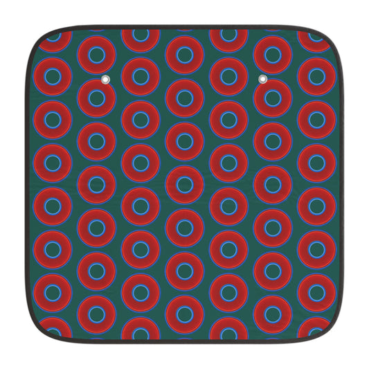 Automotive Donut Sun Shade - red vivid donuts w/dark Fenway green background