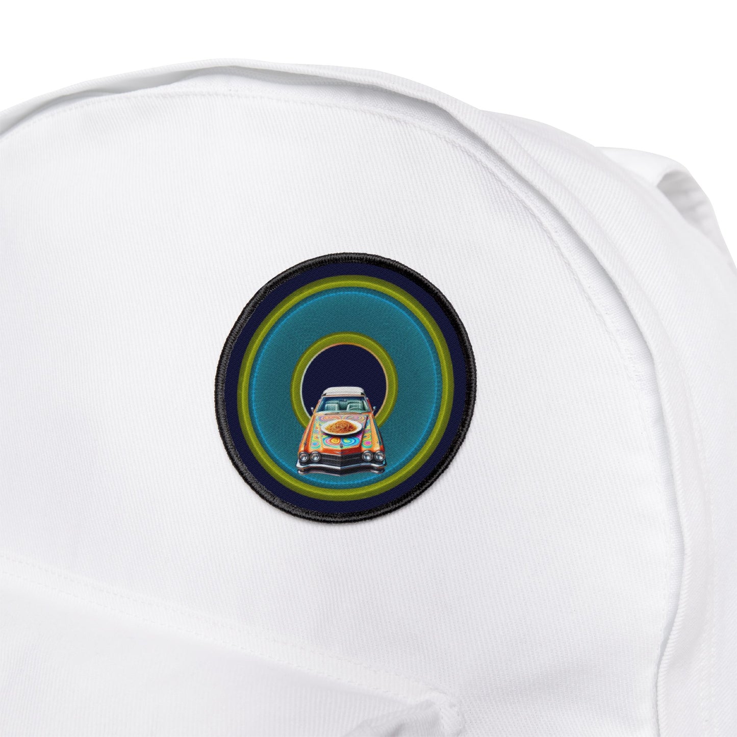 Iron-On Donut Patch - "Caddy Spaghetti Incident Donut Patch" - rustic blue/green donut - variant 4