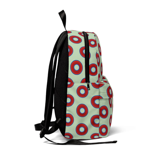 Donut Backpack - red vivid donuts w/seafoam background