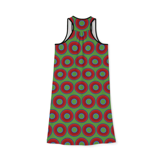 Tela's Lumpy Racerback Donut Dress - red vivid donut print w/light green background