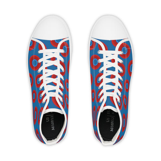 Men's High Top Chucks - large vivid red donut print w/wavy navy blue background