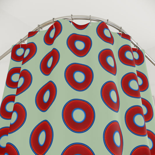 The Curtain With "Donuts" - Lumpy Bath Time Fun - vivid red donuts w/seafoam background