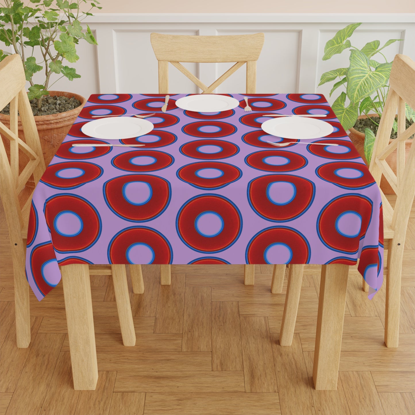 Lumpy Tablecloth - 55.1" x 55.1" - vivid red donuts w/wisteria purple background