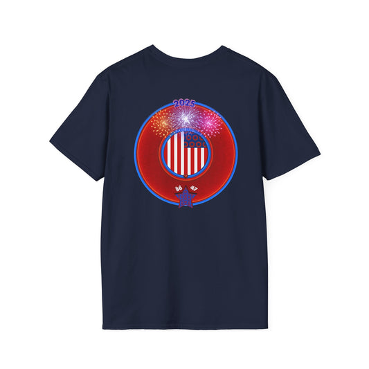 Classic Donut Tee - Unisex Soft-Style - "One Indivisible Donut" - vivid red phreedom donut - w/fireworks - variant 3