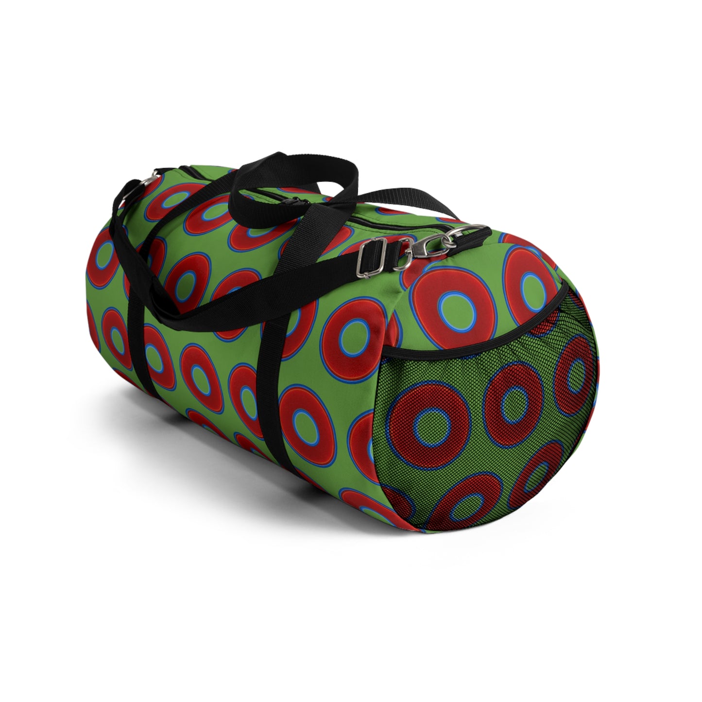 Lumpy Duffel - vivid red donuts w/light green background