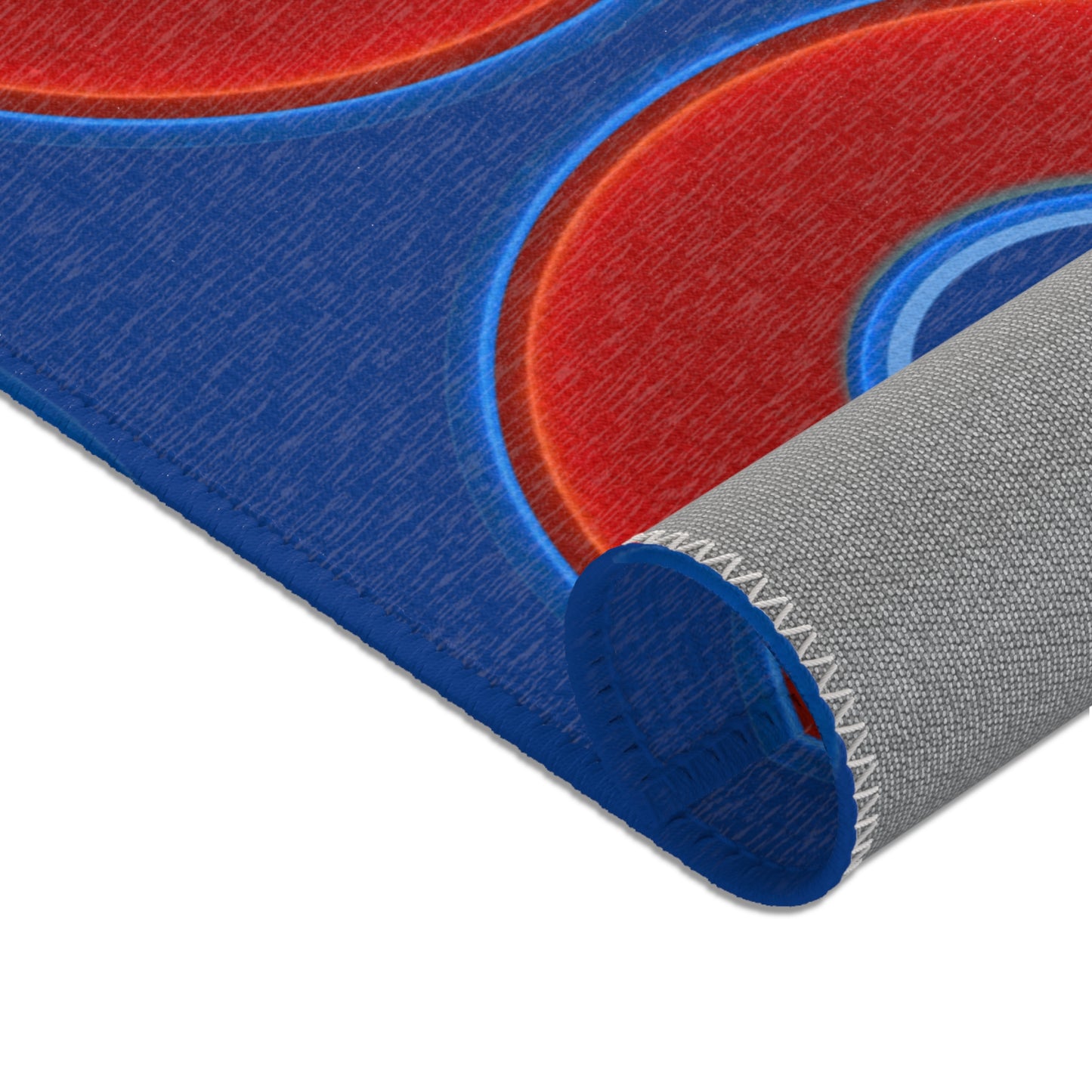 Lumpy Donut Print Rug - choice of 3 sizes - vivid red donut print w/dark blue background