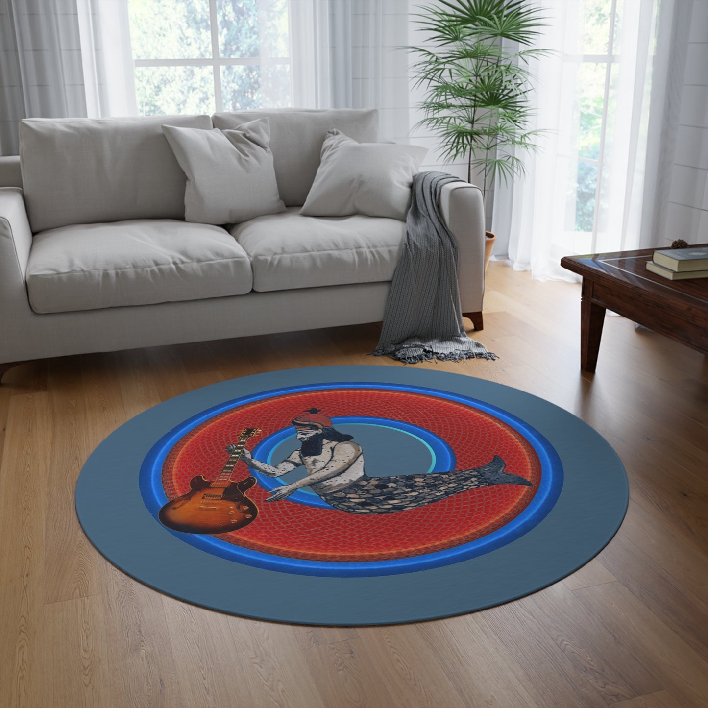 Round Room - 5 ft x 5 ft Lumpy Donut Rug - "Doggone Dagon Donut Rug" - rustic red/blue donut w/steel blue background - variant 1