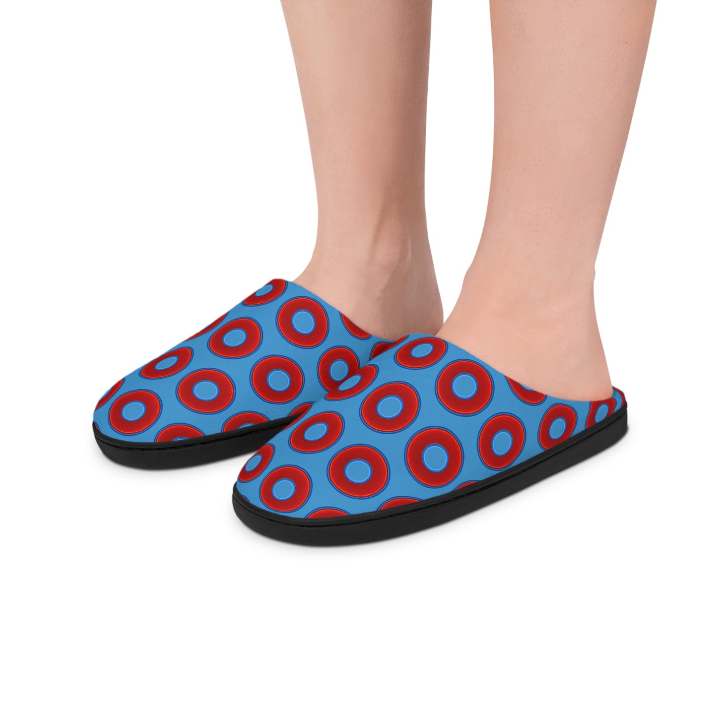 Men's Lumpy Slippers - red vivid donut print w/light steel blue background