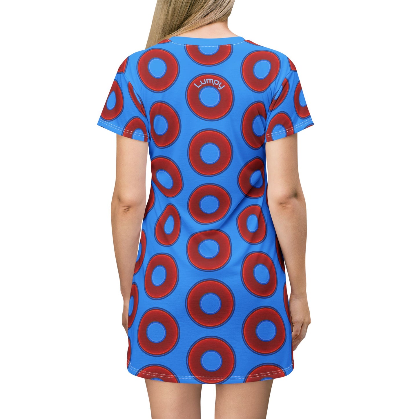 Not a Muumuu AOP Tee Shirt Dress - red vivid donuts w/sky royal blue background