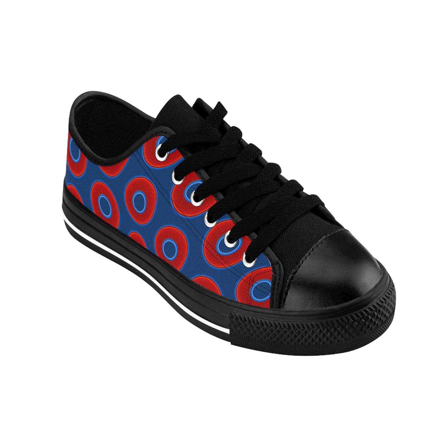 Women's Cushiony Convectors - Low Top - large red vivid donut print w/Atlantic navy blue background