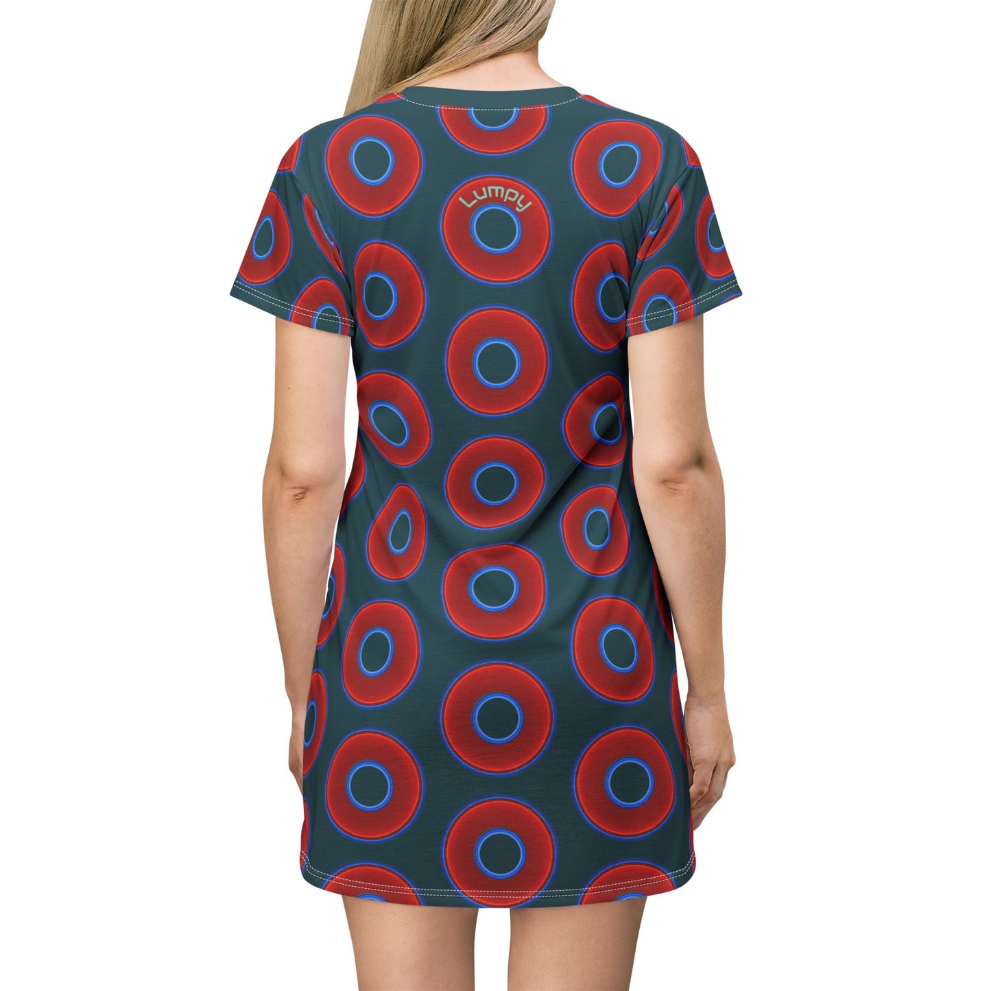 Not a Muumuu AOP Tee Shirt Dress - red vivid donuts w/midnight teal green background