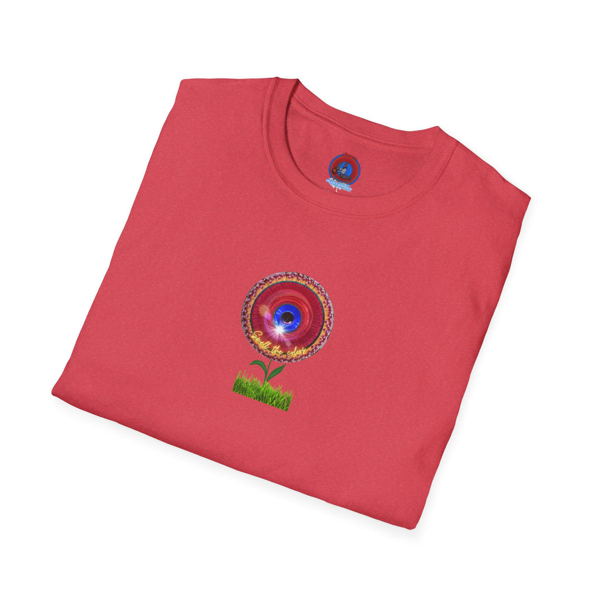 Classic Donut Tee - Unisex Soft-Style - "Smell the Donuts Outside on my Lawn" " variant 2 - blue donut on red donut/flower