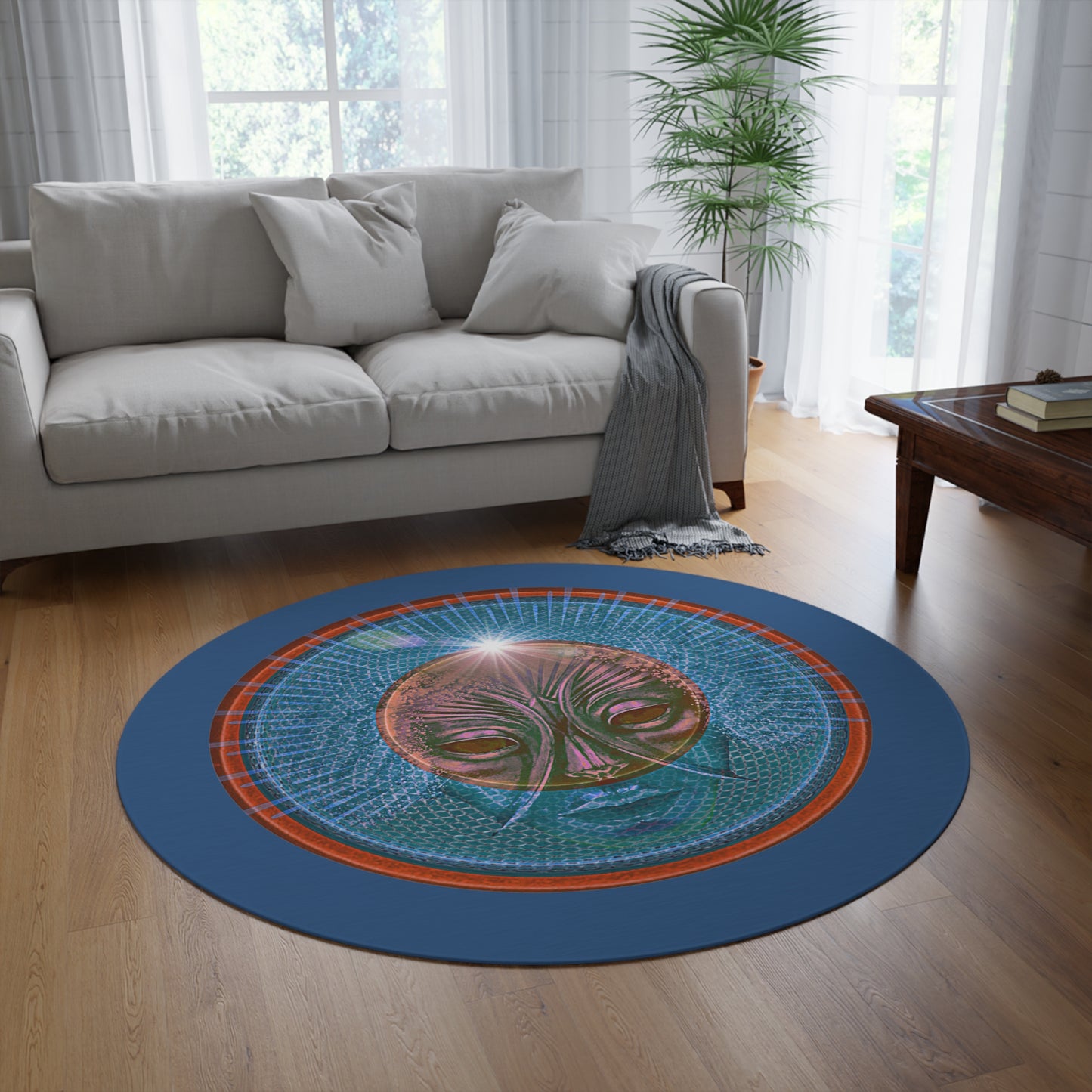Round Room - 5 ft x 5 ft Lumpy Donut Rug - "Conjurers of Awesome Donuts" - rustic red/blue donut w/light navy background - variant 2