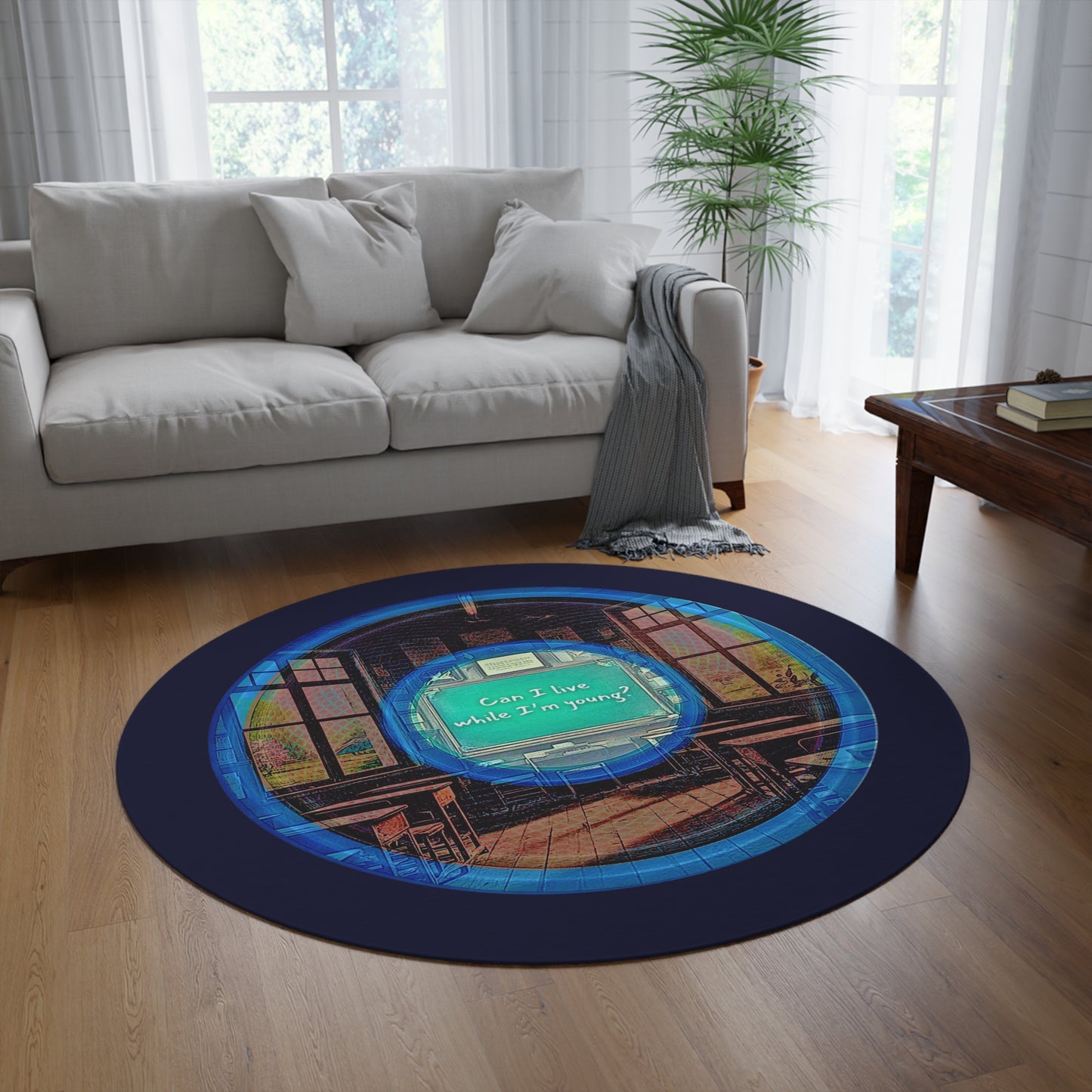 Round Room - 5 ft x 5 ft Lumpy Donut Rug - "The Torturous Donut Rug" - rustic red/blue pic donut w/dark navy background