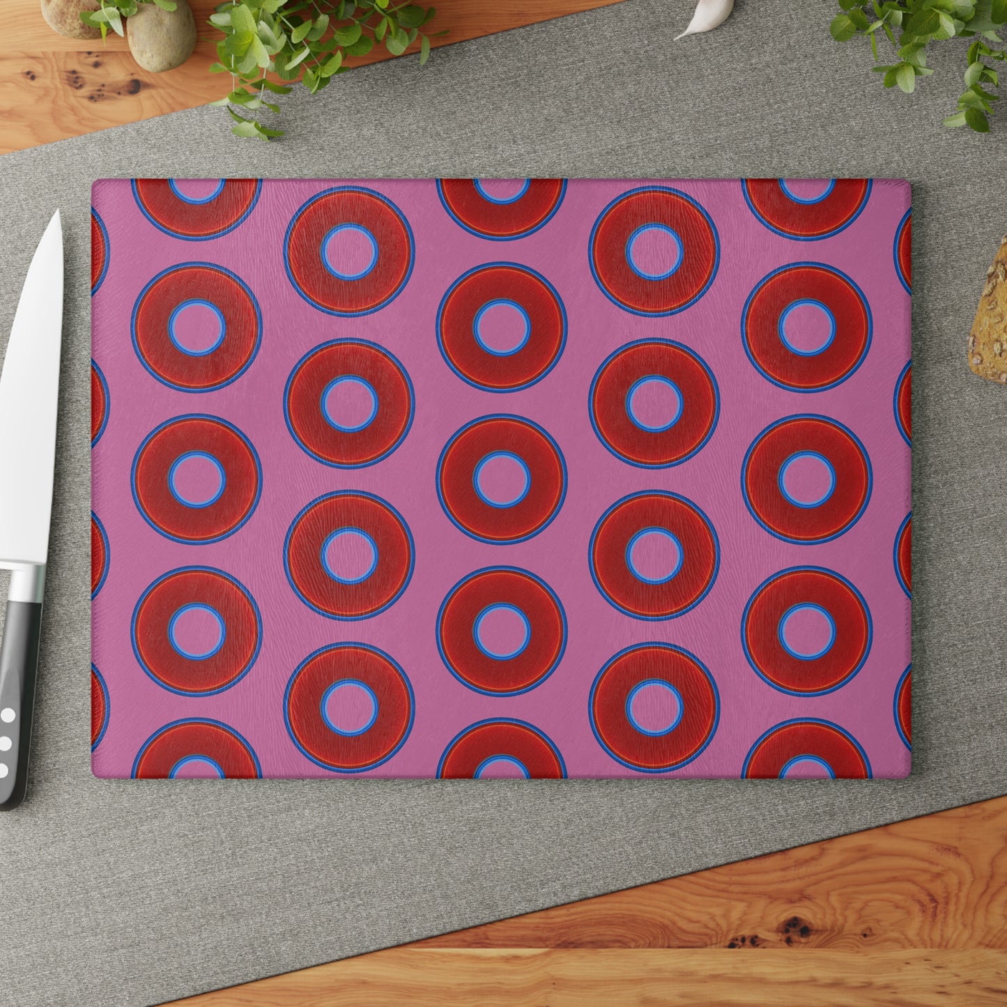 My Friend's Cutting Board - vivid red donuts w/pink background