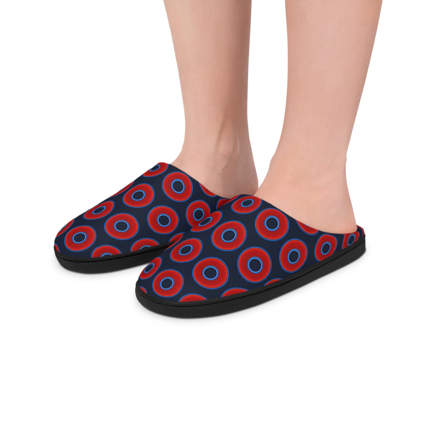 Women's Lumpy Slippers - red vivid donut print w/dark teal elite background