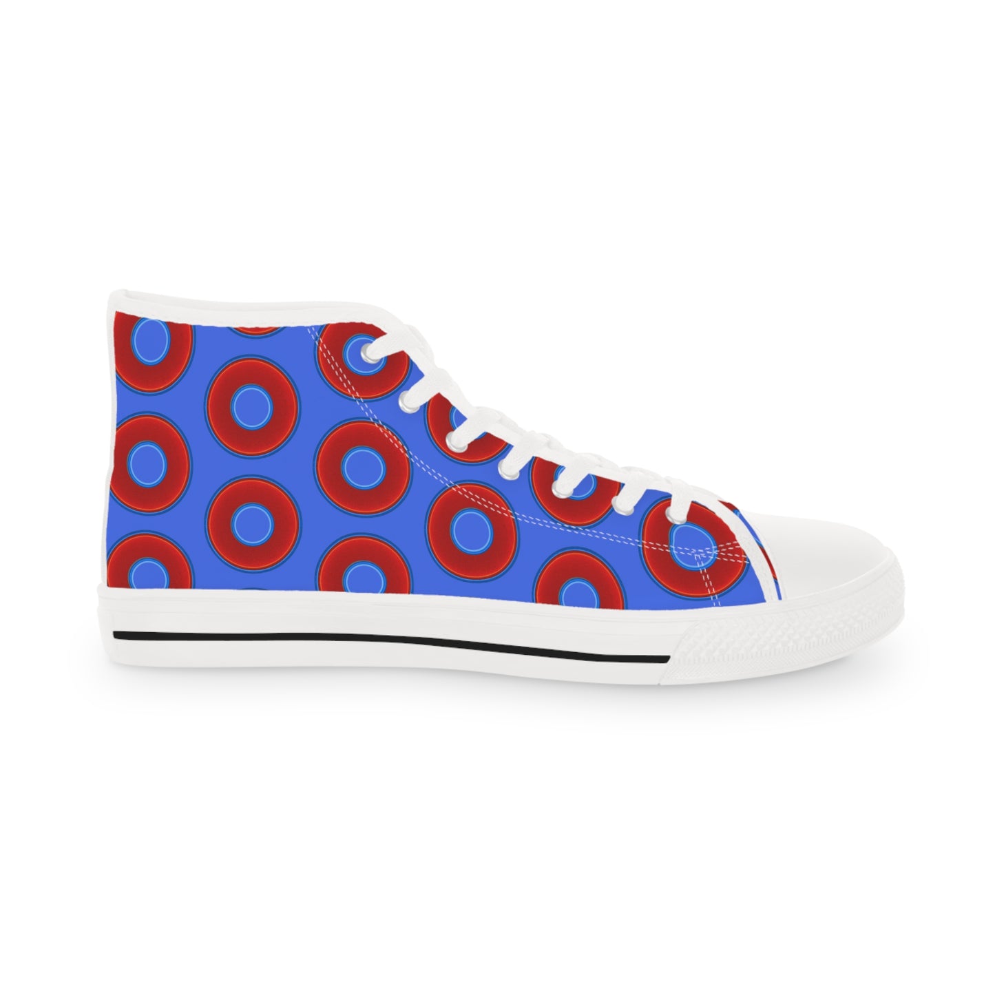 Men's High Top Chucks - large vivid red donut print w/royal blue background