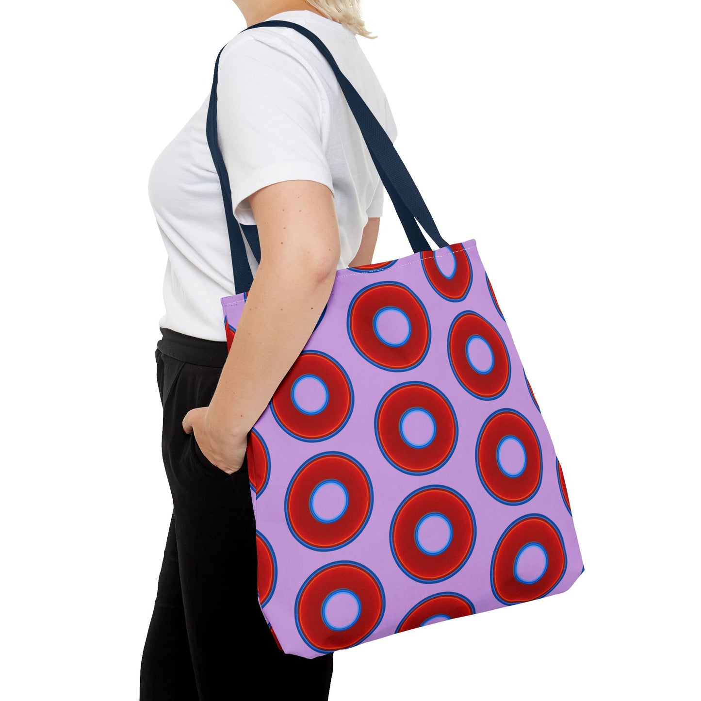 Lumpy Beach/Tote Bag - red vivid donuts w/wisteria purple background