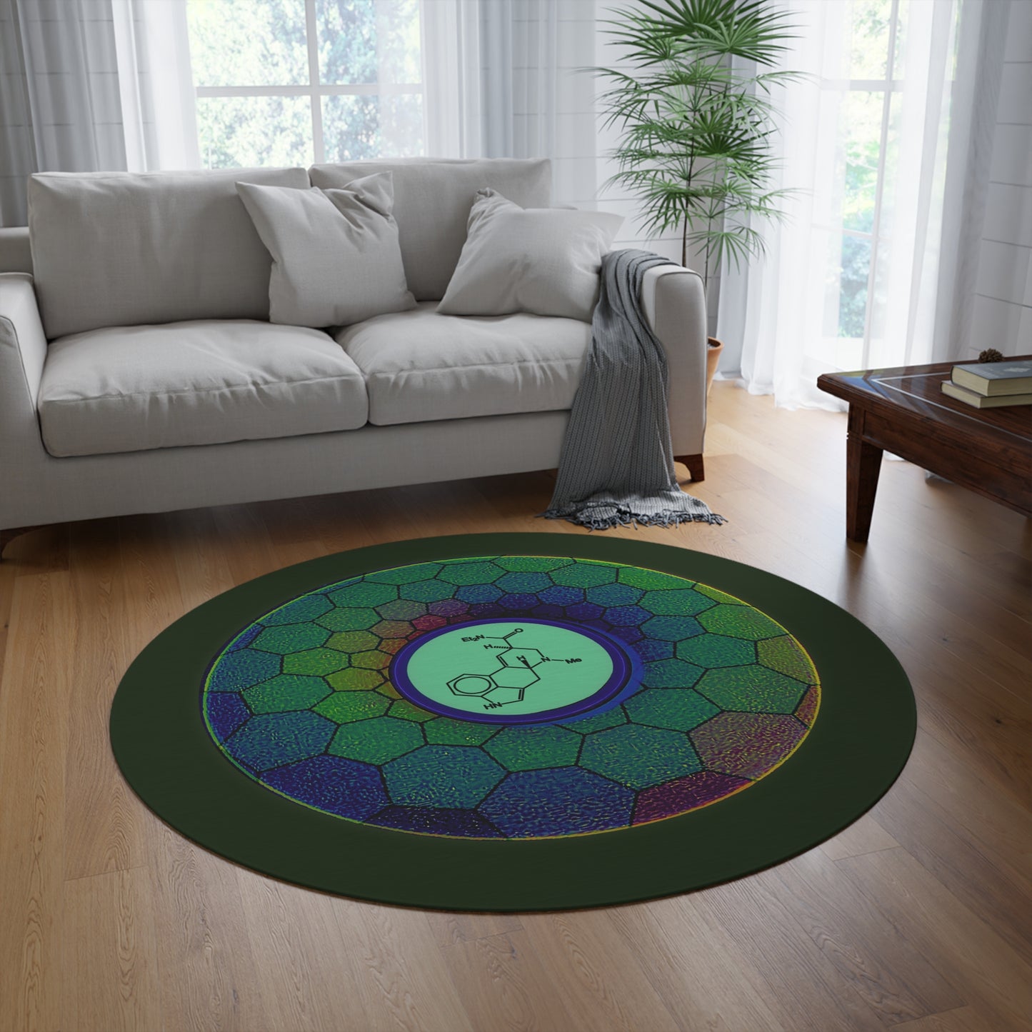 Round Room - 5 ft x 5 ft Lumpy Donut Rug - "Dr. Albert Hofmann's Donut" - green hexadonut w/deep forest green background - variant 3