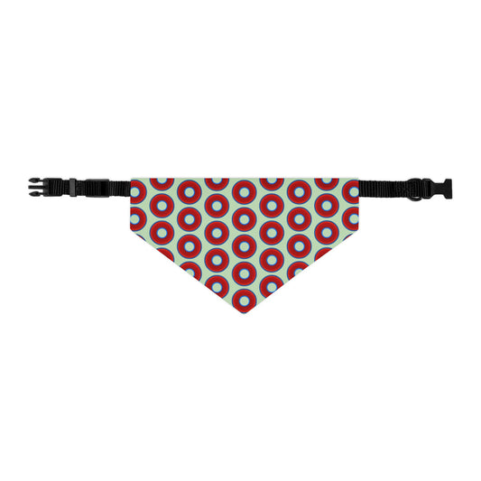 Jim's Lumpy Bandana Pet Collar - vivid red donuts w/seafoam background