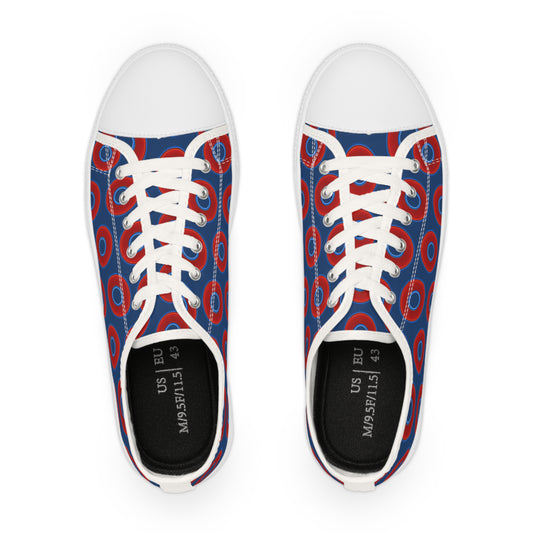 Men's - Low Top Chuck Taylors - large vivid red donut print w/Atlantic navy blue background