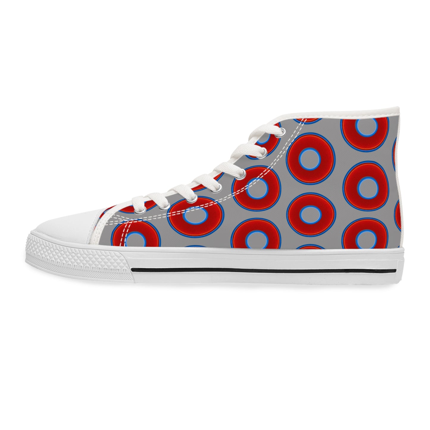 Women's High Top Chuck Taylors - large vivid red donut print w/gray background