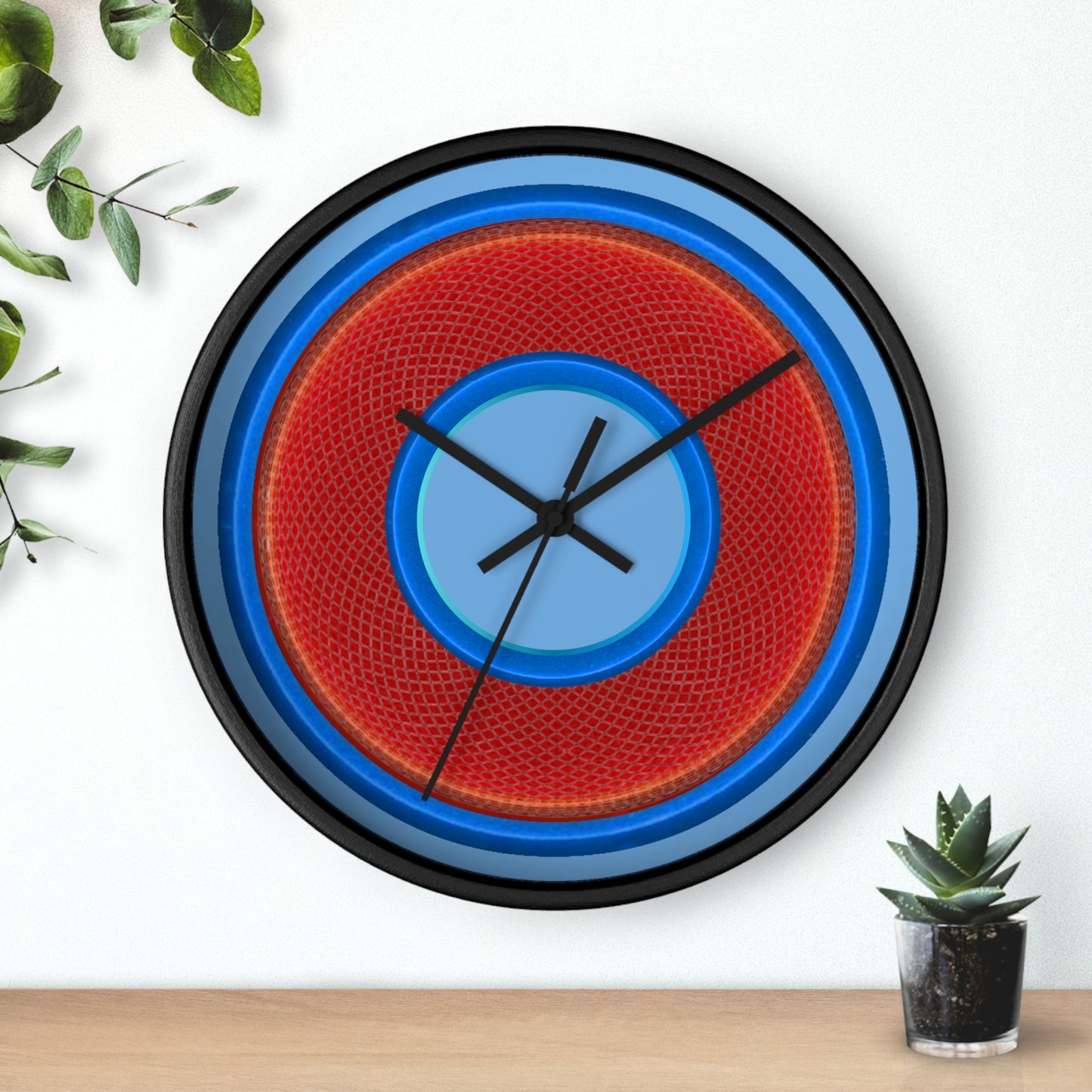 Lumpy Wall Clock - red rustic donut w/light blue edging - variant 7 w/light blue background