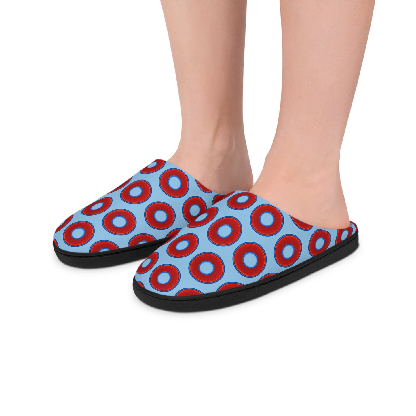 Women's Lumpy Slippers - red vivid donut print w/sky blue background