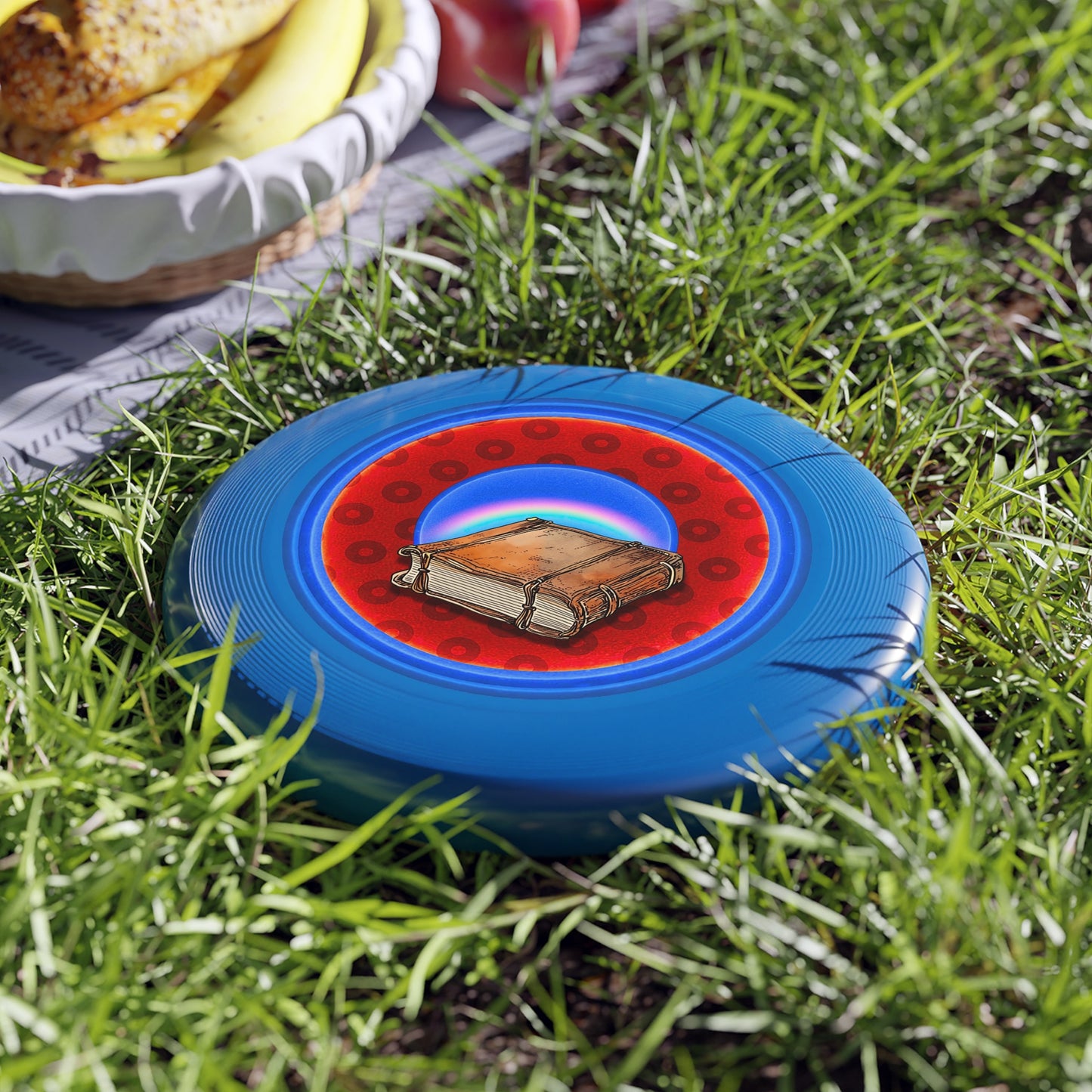 Lumpy Wham-O Donut Frisbee - "Helping Phriendly Phrisbee" - red/royal wide mouthed donut