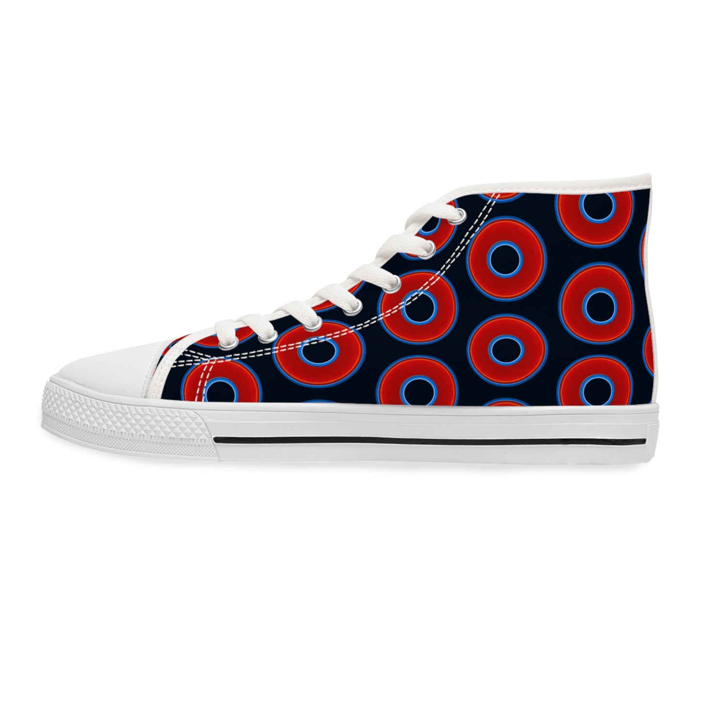 Women's High Top Chuck Taylors - large vivid red donut print w/blue charcoal background