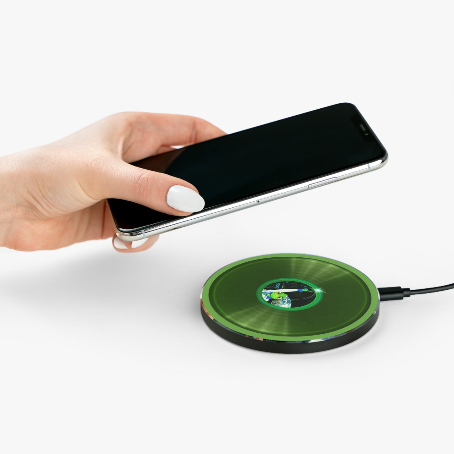 The Flow - Wireless Lumpy Donut Chargers - "Rutherford's Staying Alive via Wireless Power" - vivid green record donut w/light green background - variant 2