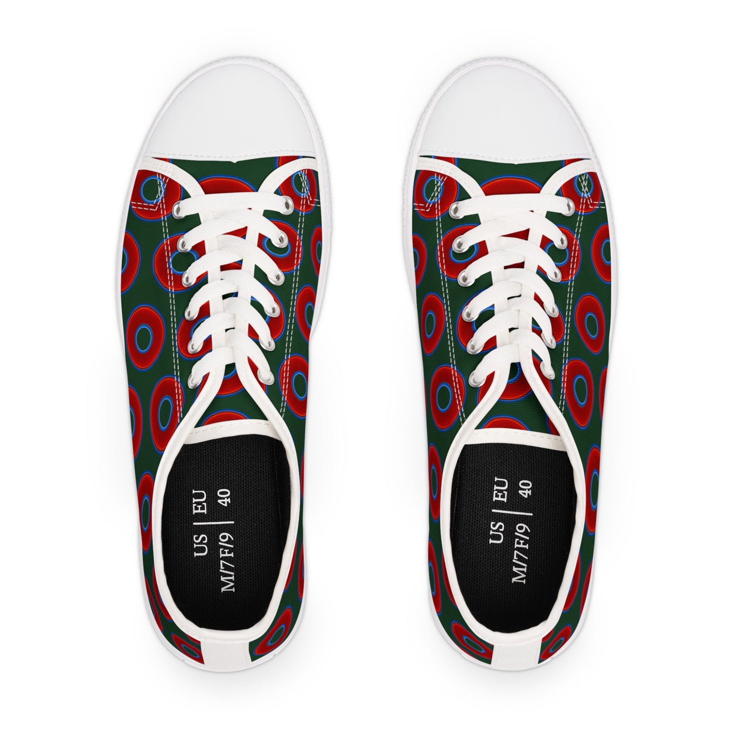 Women's - Low Top Chuck Taylors - large vivid red donut print w/deep pond green background