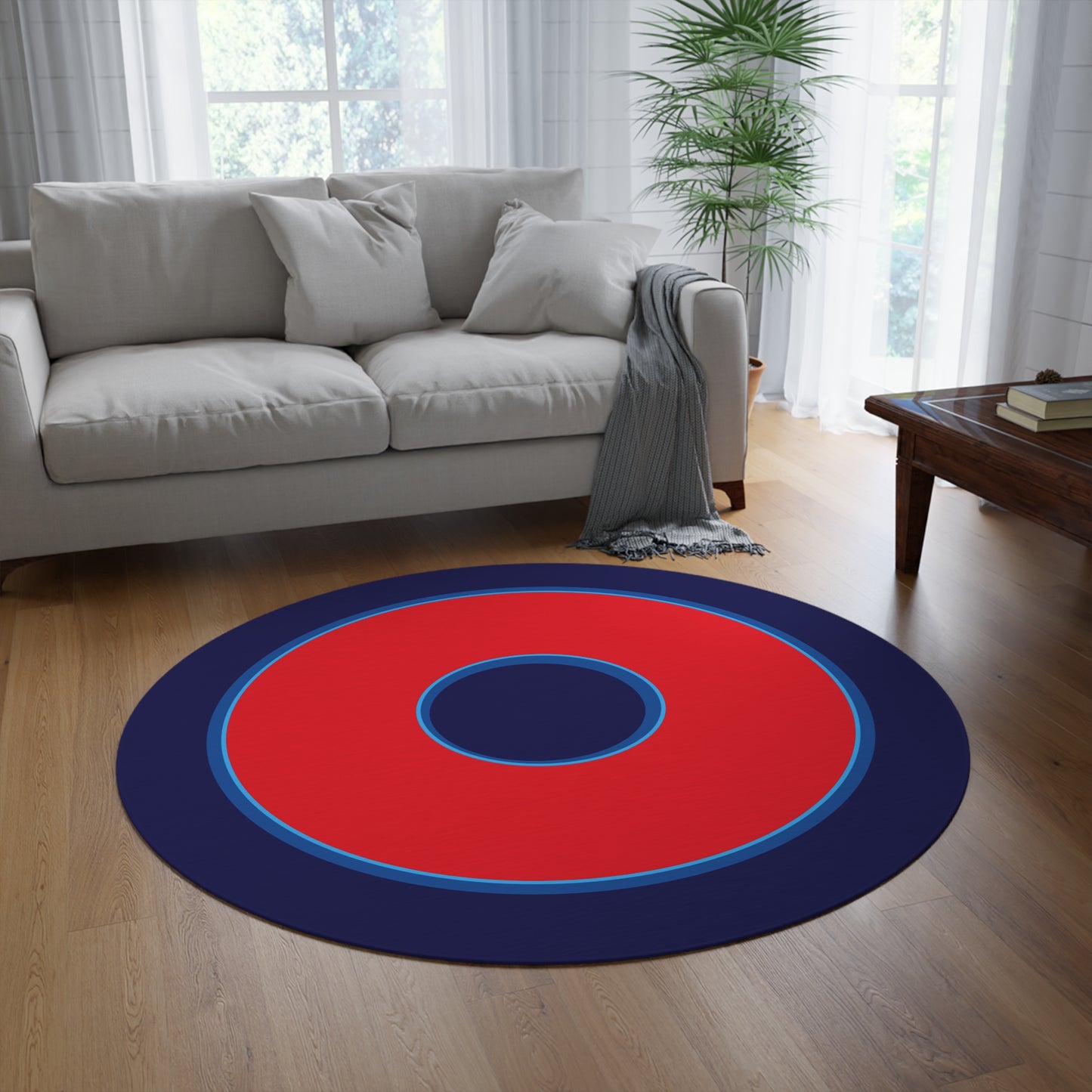 Round Room - 5 ft x 5 ft Lumpy Donut Rug - "Plain Shadowed Donut" - plain red donut w/navy background - variant 1