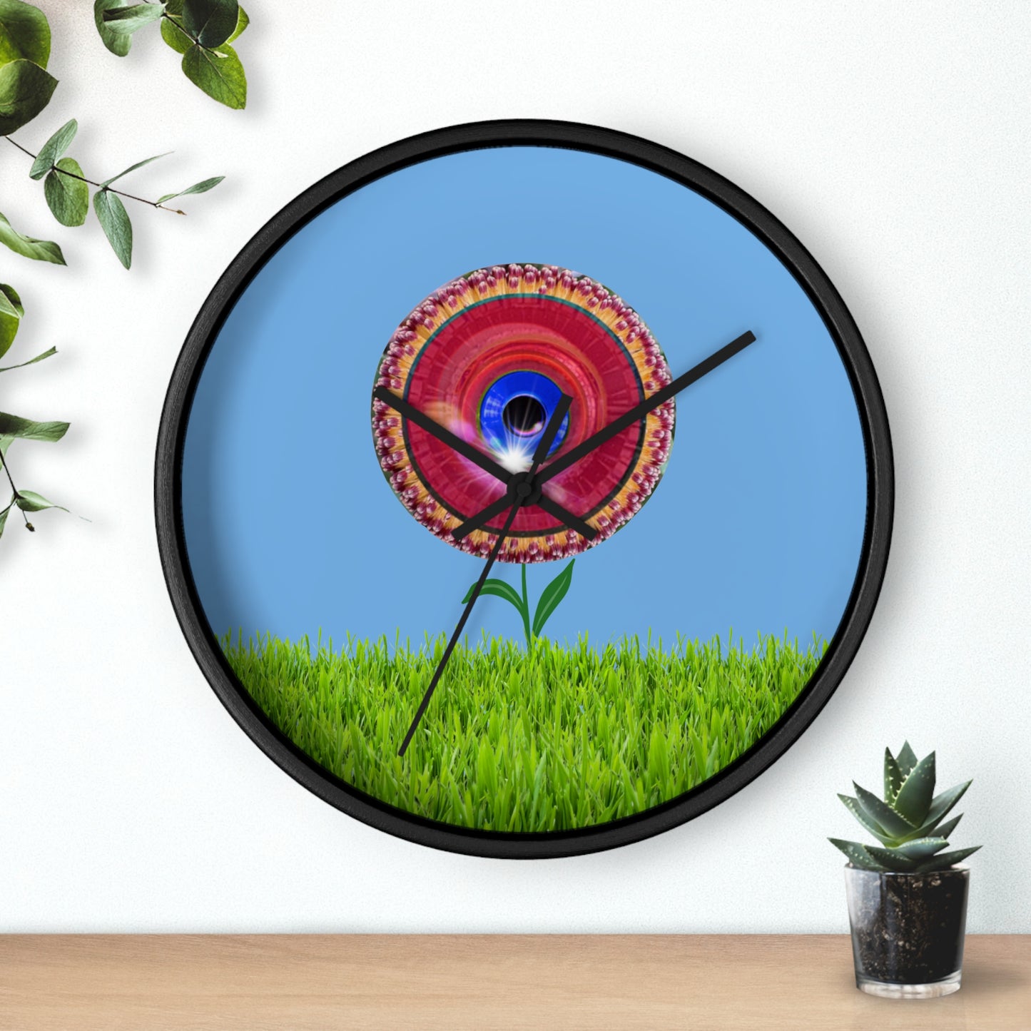 Lumpy Wall Clock - "Smell the Donuts Outside" - variant 1 - red vivid flour donut w/light blue background