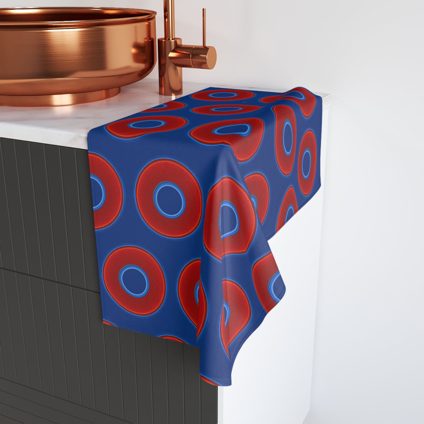 Lumpy Kitchen/Hand Towels - vivid red donuts w/dark blue background