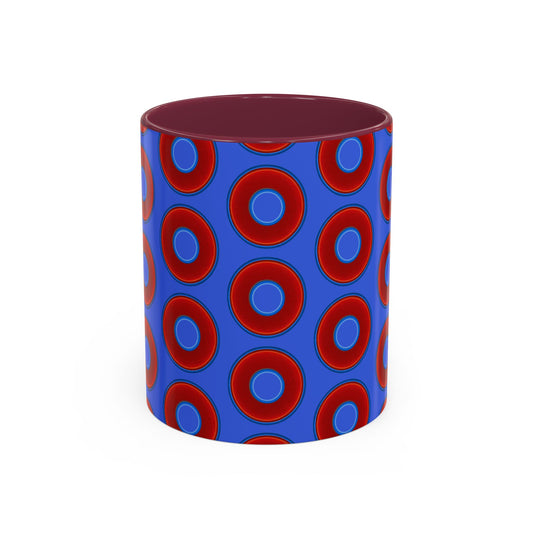 Lump's Grumpy Coffee Mug - vivid red donuts w/royal blue background